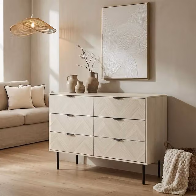OHS Chevron 6 Drawer Chest of Drawers and Storage Sideboard in Stone