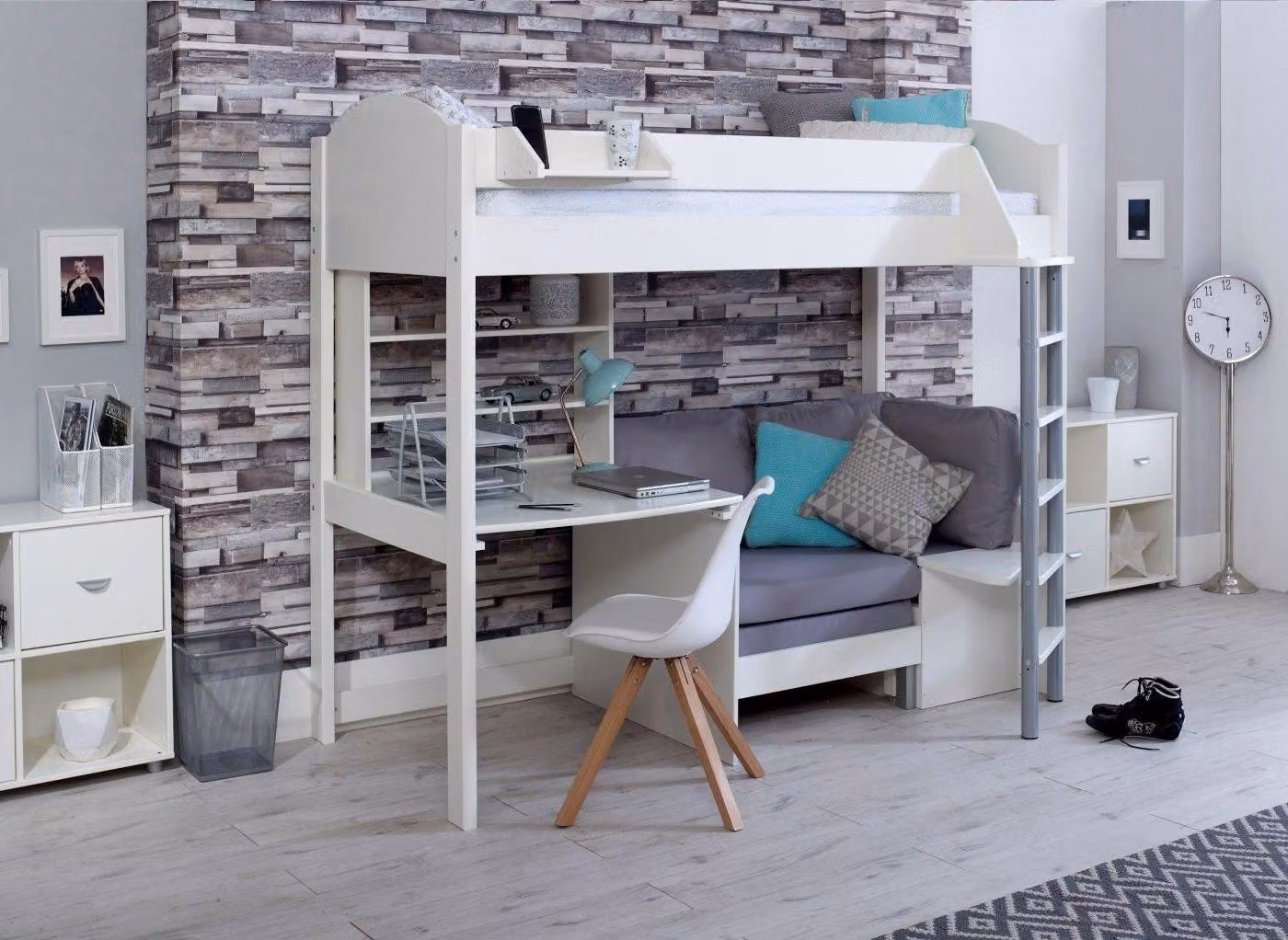 Dreams Timmy High Sleeper with Desk and Cotton Futon in White, Solid Wood, 90 x 190 cm