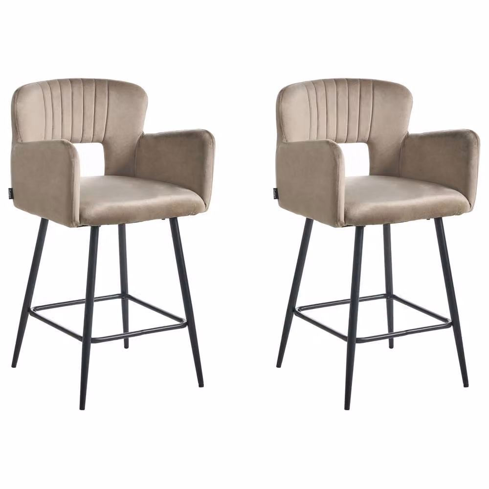 Wyld and Coco Set of 2 Taupe Velvet Bar Chairs with Armrests and Cut Out Backrest in Black and Beige – 2