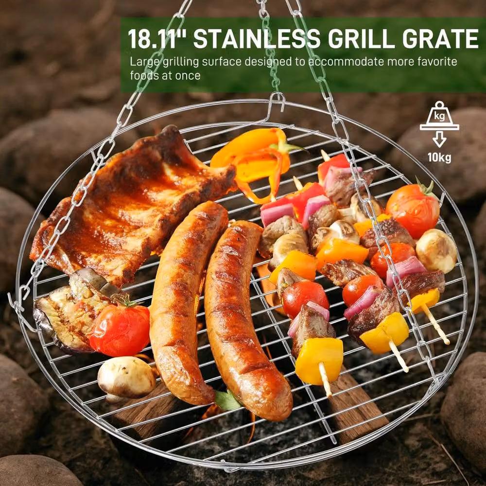 PAWNORA Camping Fire Tripod Grill with Black Grate and Bowl in Black Steel and Stainless Steel – 2
