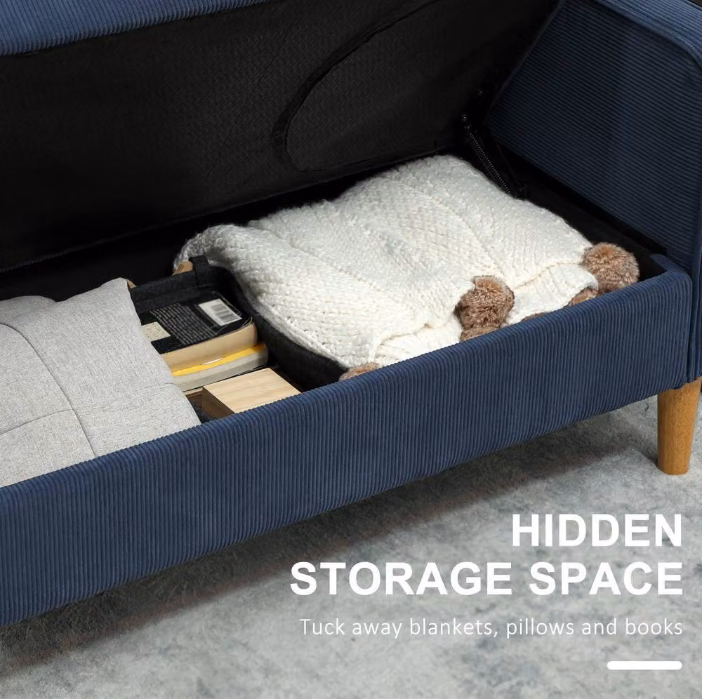 STILVORA Two Seater Blue Corduroy Upholstered Sofa with Storage and Solid Wood Frame W/D/H: 117 x 79 x 46.5 cm – 3