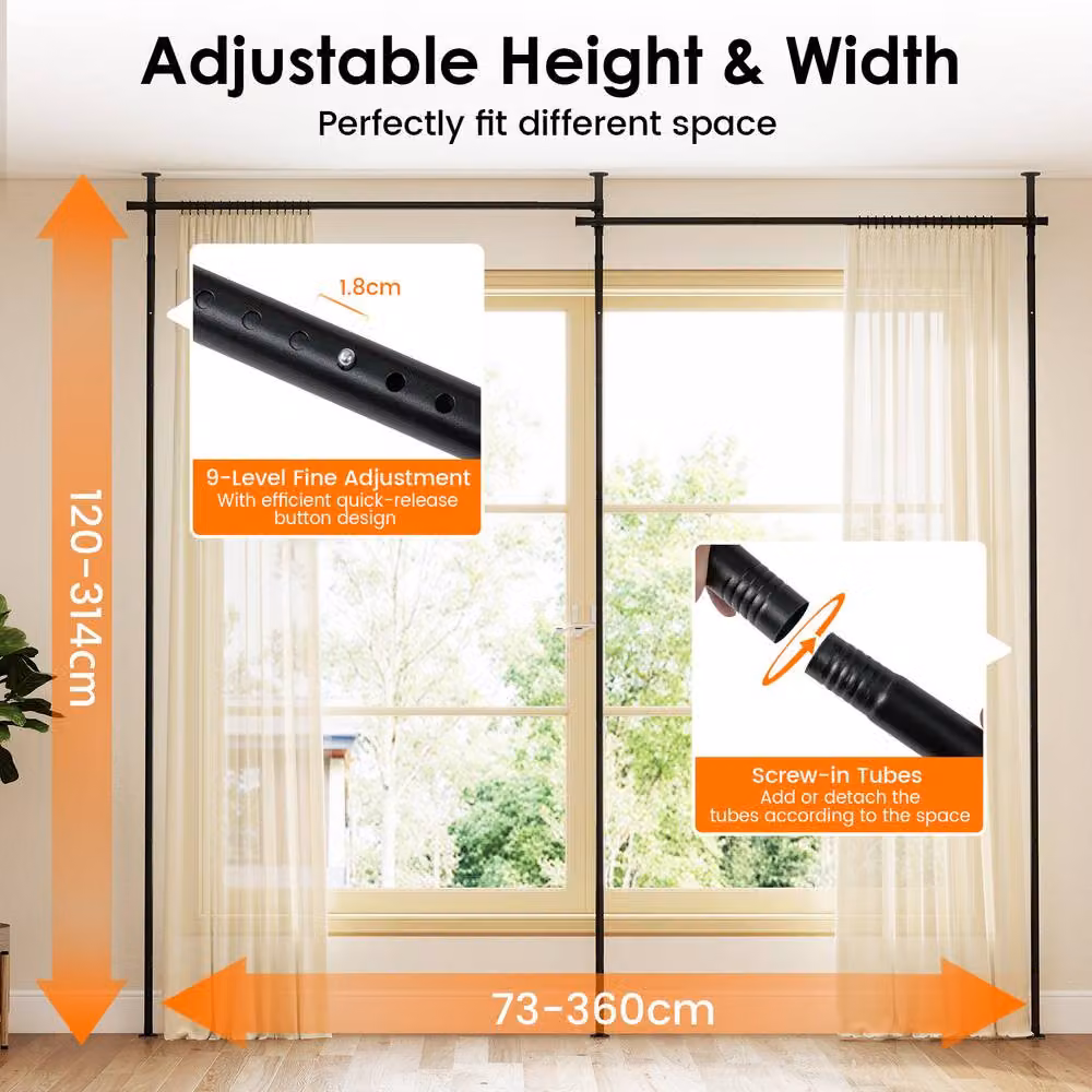 Costway L-Shape Adjustable Floor to Ceiling Room Divider Curtain Tension Rod in Black Metal – 2