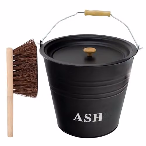 Almineez 12L Steel Ash Bucket with Lid, Wooden Handle, Shovel and Brush in Black and Silver – 4