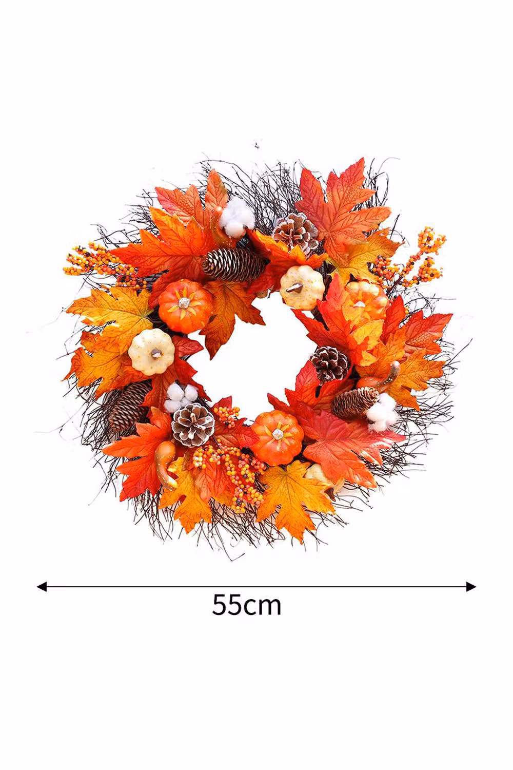 H&O Direct Orange Autumnal Halloween and Thanksgiving Decorative Door Wreath with Maple Leaves and Pumpkins, Diameter: 55 cm – 4