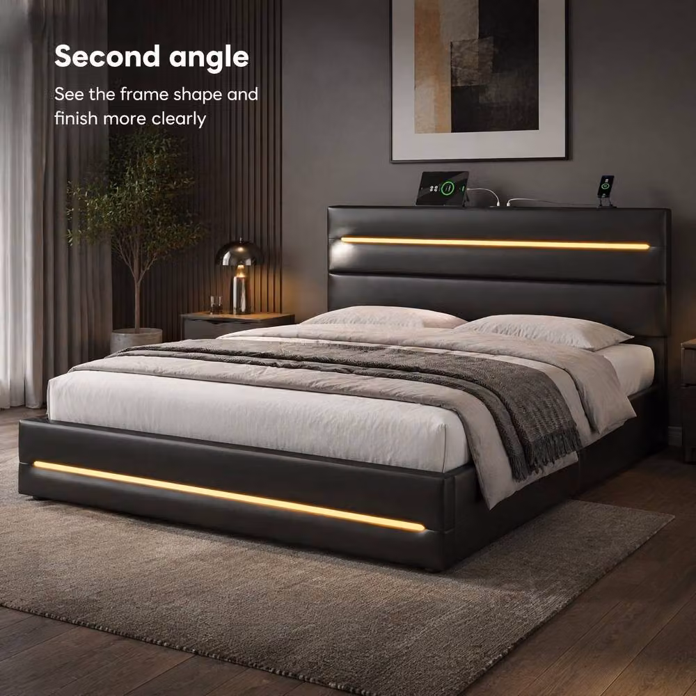 STILVORA Double Ottoman Bed with Storage, LED Lighting and USB Charging Port in Black – 3