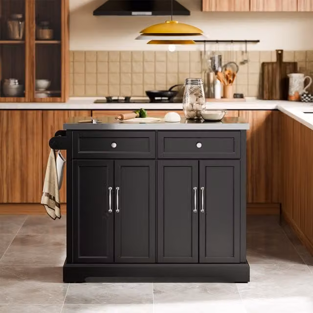 SoBuy European-style Mobile Drop-Leaf Kitchen Island with 2 Drawers and Adjustable Shelf in Black