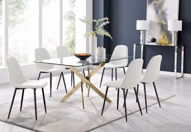 FurnitureboxUK Leonardo White Glass Rectangular Dining Table with Six Corona Black Leg Chairs W/D/H: 150 x 90 x 75 cm