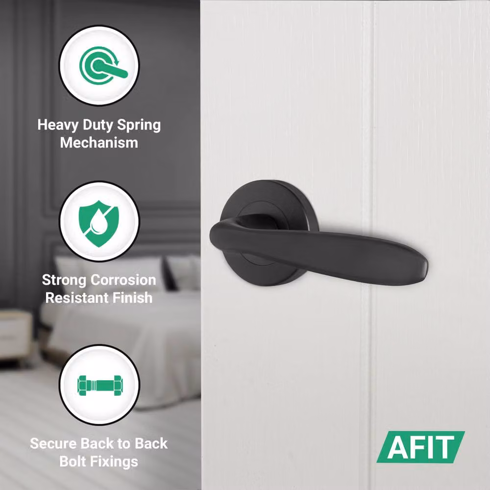AFIT Matt Black Curved Internal Lever Door Handles with Round Rose, 4 Pairs, Size: 150 x 150 mm – 3