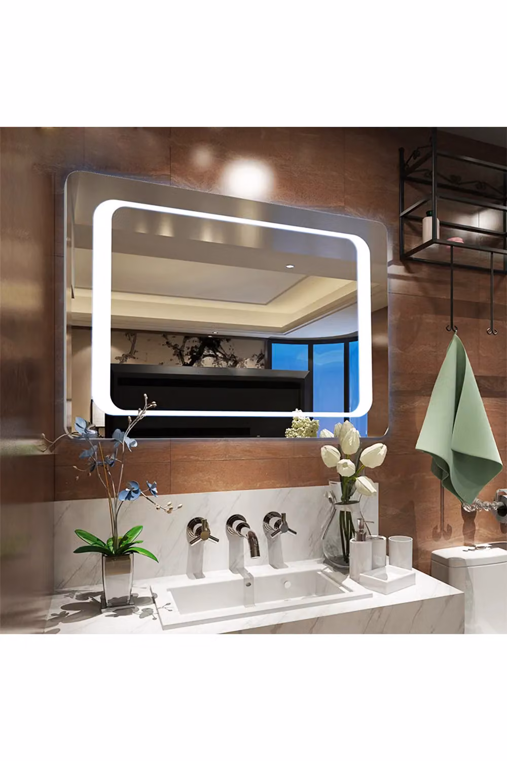 Living and Home Rectangular LED Wall Mounted Anti-Fog Illuminated Bathroom Mirror with Touch Switch in Silver – 3