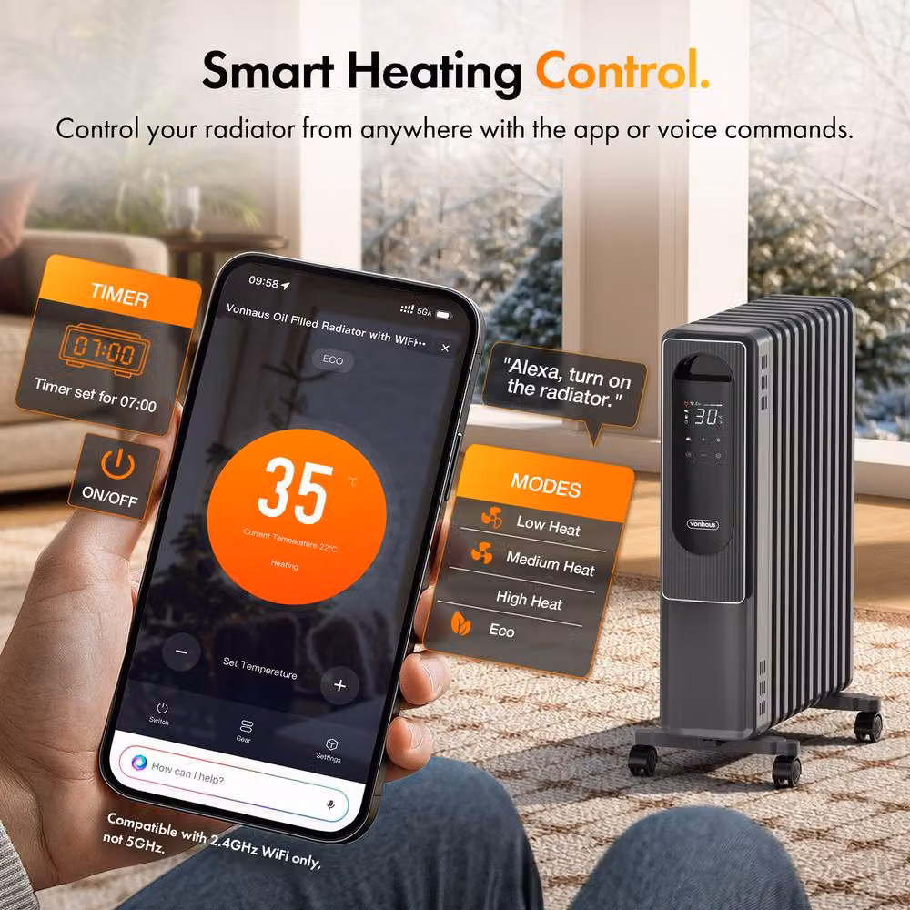 VonHaus U Shape 11 Fin Oil Filled Radiator with WiFi and Remote Control in Grey – 3
