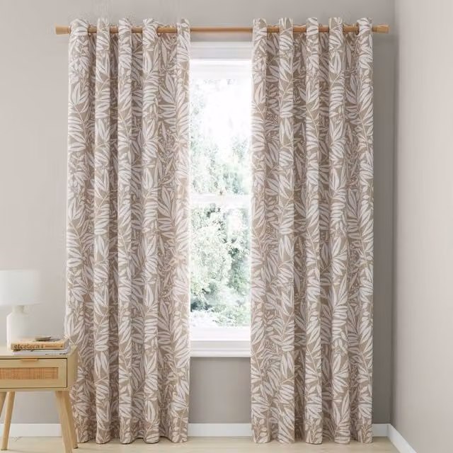 Catherine Lansfield Sorrel Leaf Reversible Eyelet Curtains in Beige, W: 167.64 cm, H: 228.6 cm