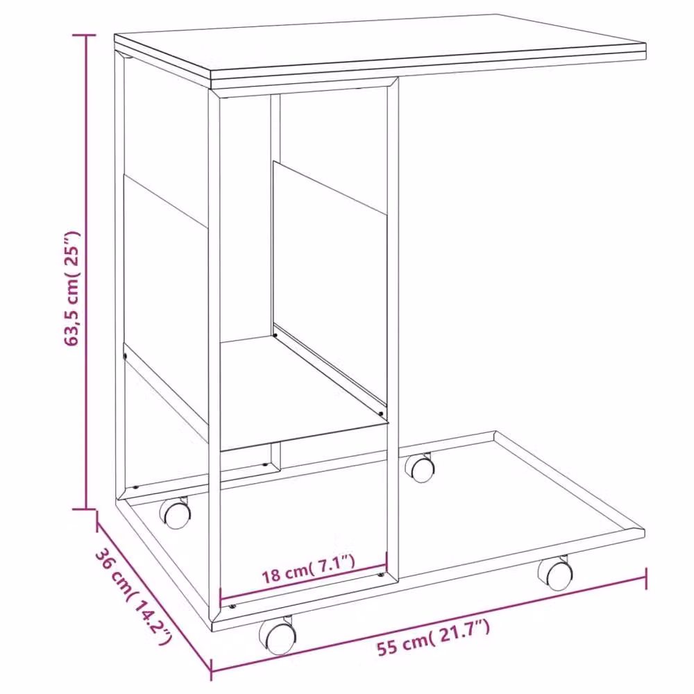 Berkfield Home Side Table with Wheels in Black, W: 55 cm, D: 36 cm, H: 63.5 cm – 4