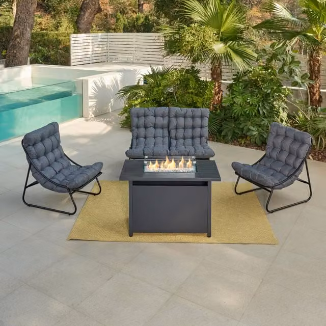 Fredo 4-Piece Garden Conversation Set with Grey Cushions, Sofa, 2 Chairs, Coffee Table and Fire Pit Table in Black and Grey