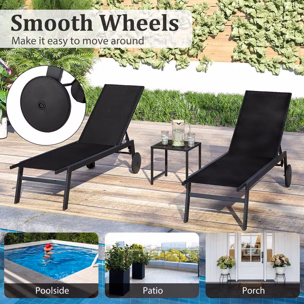 Costway Black Patio Chaise Lounge Set with Side Table and Reclining Textilene Chairs – 7