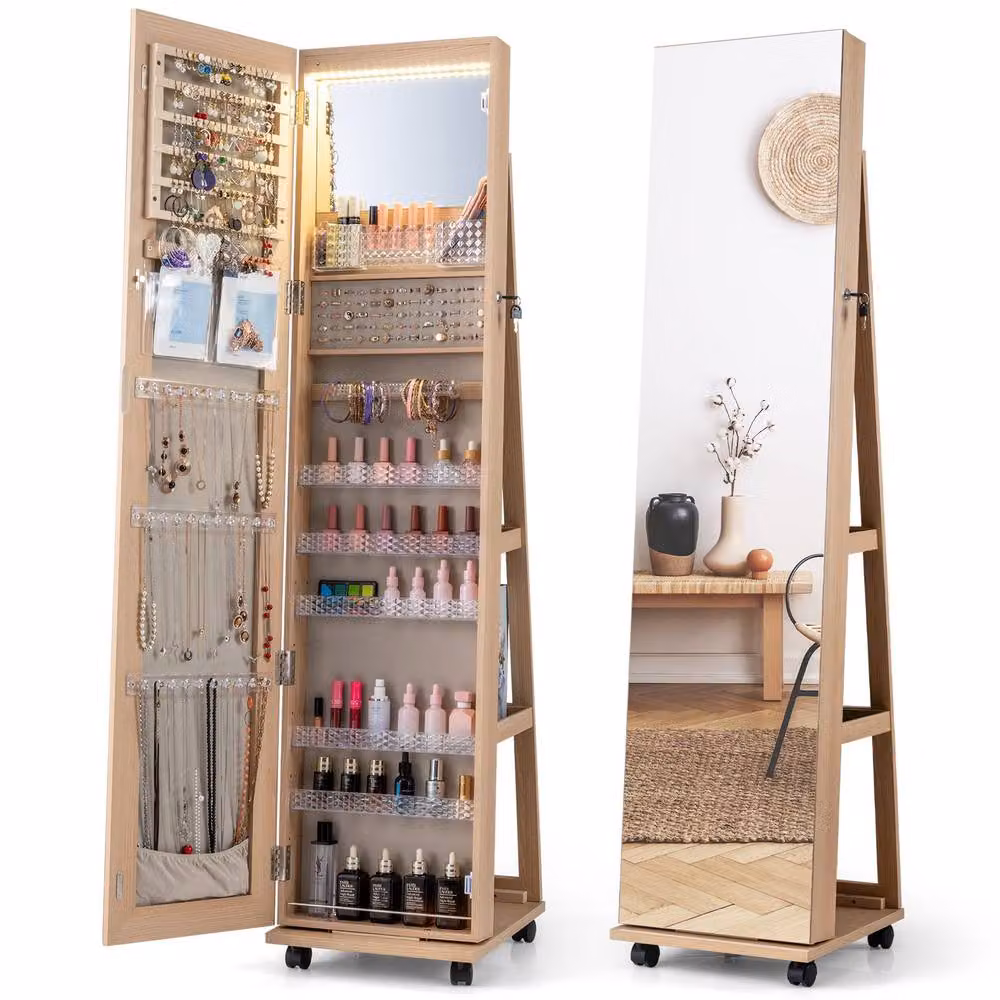 Costway 3-in-1 Jewelry Armoire with 360 Degree Swivel Mirror and LED Lighting in Natural Sand – 3