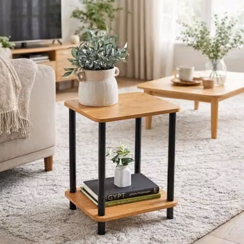 SPOT ON DEALZ Modern Oak Side Table with 2-Tier MDF Storage and Silver Metal Legs – 2