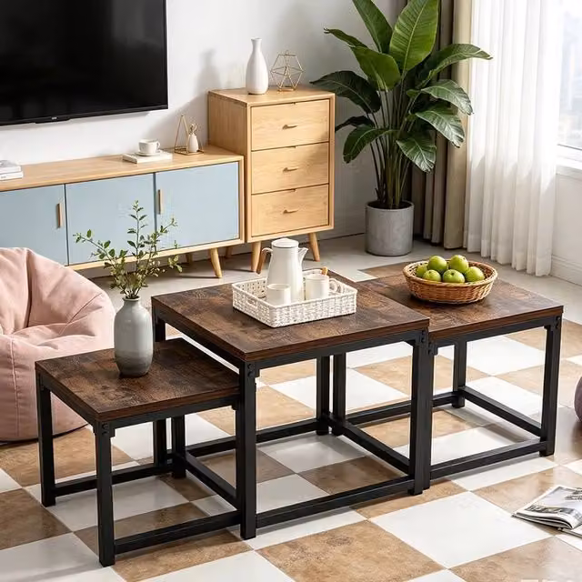 EONLION Set of 3 Rustic Nesting Coffee and End Tables in Brown and Black – 1