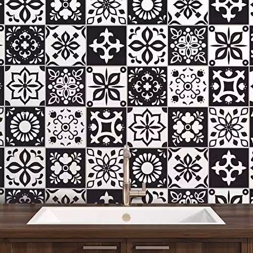 WALPLUS Marjorelle Moroccan Tile Stickers, Black and White Geometric Peel and Stick Self Adhesive Wall Decals, 24 x 15 x 15 cm