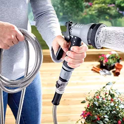 Coopers of Stortford Stainless Steel Garden Hose, 15m, Silver with 7-Pattern Spray Nozzle