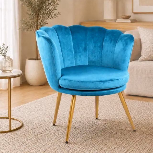 Genesis Flora Velvet Accent Chair in Petrol Blue with Petal Shell Back and Foam Upholstery – 1