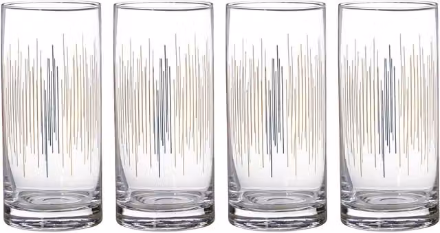 Orsina Art Deco Set of 4 Hand Blown Crystal Highball Tumbler Glasses with Gold Geometric Lines in Transparent