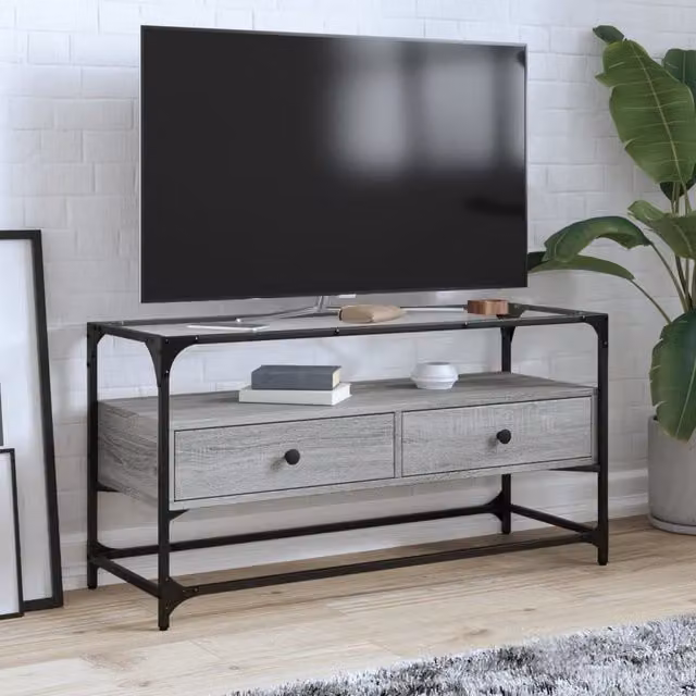 Berkfield Home Industrial TV Cabinet with Glass Top in Grey Sonoma, W/D/H: 98 x 35 x 51 cm