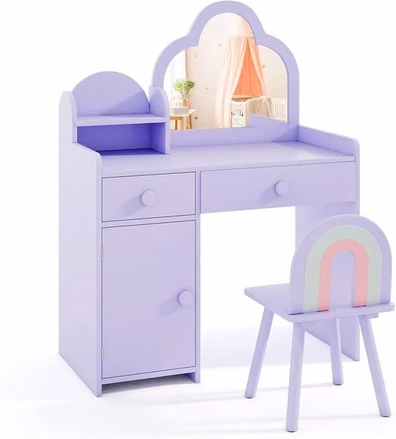 Gymax Cloud-shaped Makeup Desk Set with Mirror Cabinet and Chair in Purple