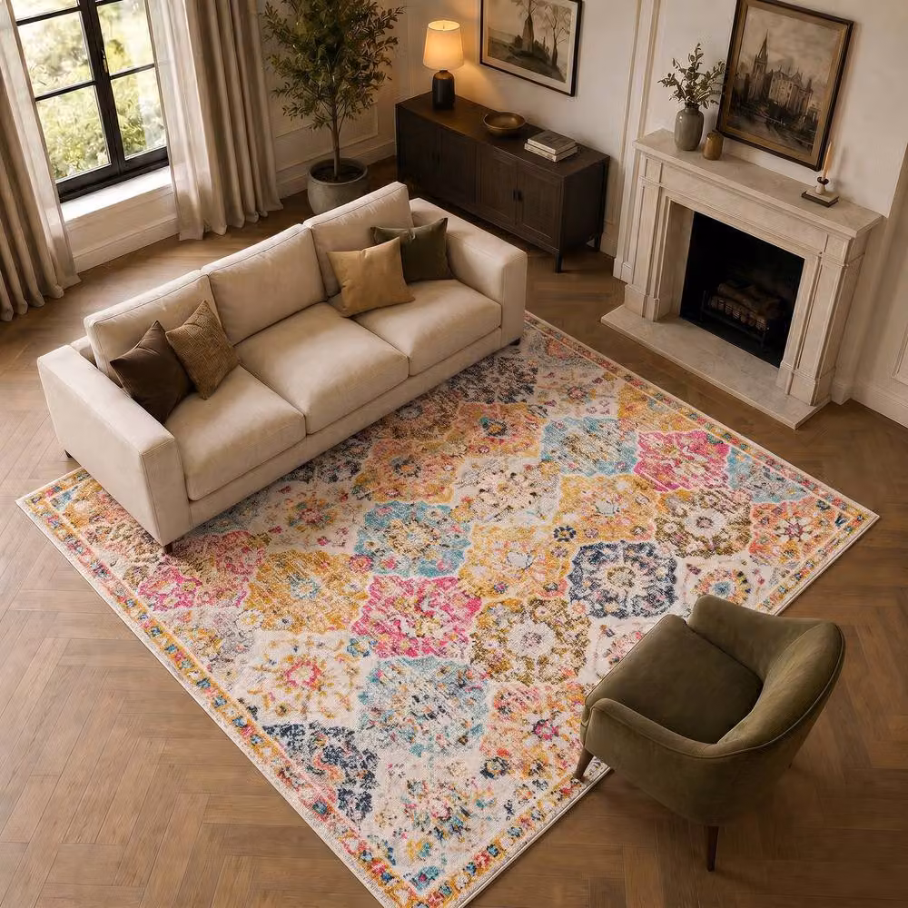 Livabliss Harput Vintage Boho Round Rug in Burnt Orange, Beige, Blue and Grey, Diameter: 160 cm – 7
