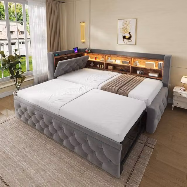 Matteo Dark Grey Velvet Single Pull-Out Sofa Bed with Storage, LED Lighting and USB Ports, W/D/H: 90 x 190 cm – 1