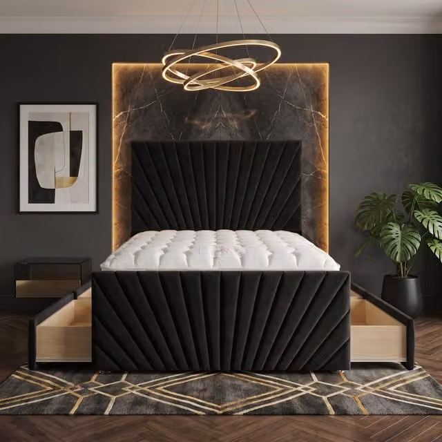 Somnior Beds Ltd Sunrise Black Velvet Divan Bed with Hybrid Mattress and Drawers W/D/H: 180 x 200 x 115 cm