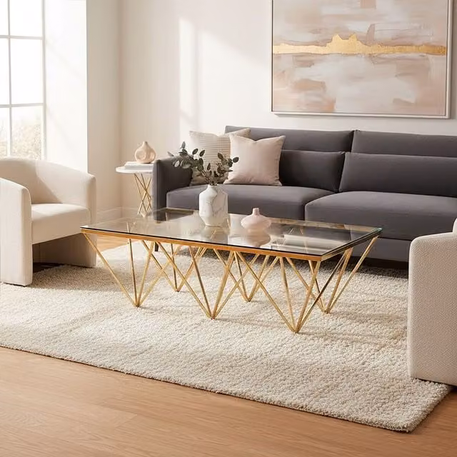 Orsina Modern Gold and Glass Square Coffee Table, W/D/H: 120 x 80 x 42 cm