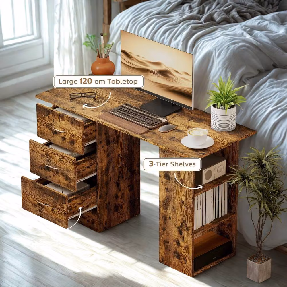 FURNOS Industrial Rustic Computer Desk with 3 Drawers and Shelves, Brown, W: 120 cm, D: 49 cm, H: 72 cm – 3
