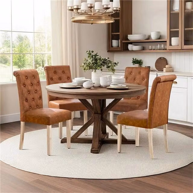 Kelvenix Set of 2 Retro Brown Fabric and Synthetic Leather Dining Chairs with Rubberwood Legs – 1