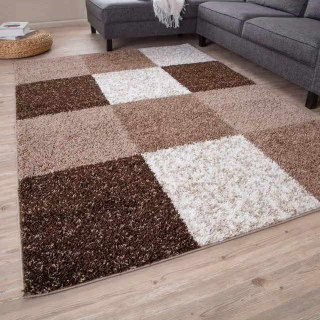 THE RUGS Soft Check High Pile Shaggy Rug, Brown, W: 200 cm, D: 290 cm – 1