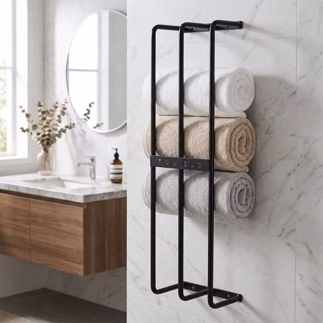STILVORA Wall-Mounted Metal Towel Holder with 6-Towel Storage in Black