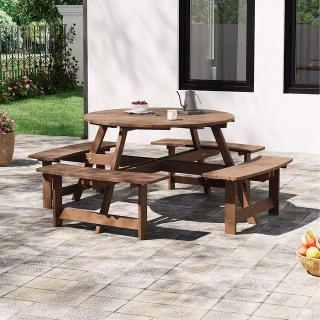 Breeins Round Treated Hardwood Garden Table and Bench Set in Brown, Diameter: 108 cm