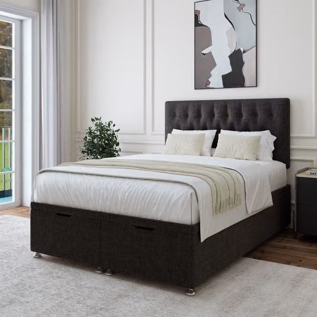 Bedmaster Linen Ottoman Divan Base and Button Headboard in Charcoal Grey, W/D/H: 200 x 200 x 35 cm