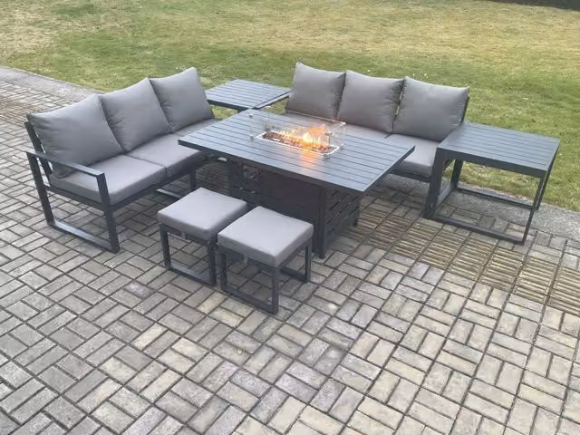 Fimous 8 Seater Aluminium Outdoor Garden Furniture Set with Gas Fire Pit Dining Table, 2 Small Footstools and 2 Side Tables in Dark Grey