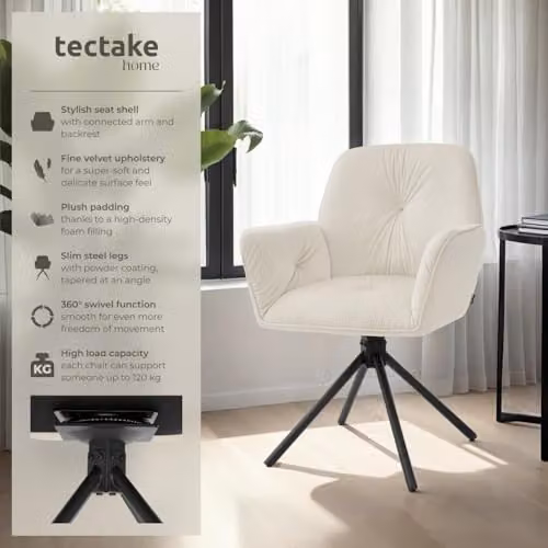 tectake Set of 2 Lenia Swivel Dining Chairs with Velvet Fabric in Beige and Black – 3