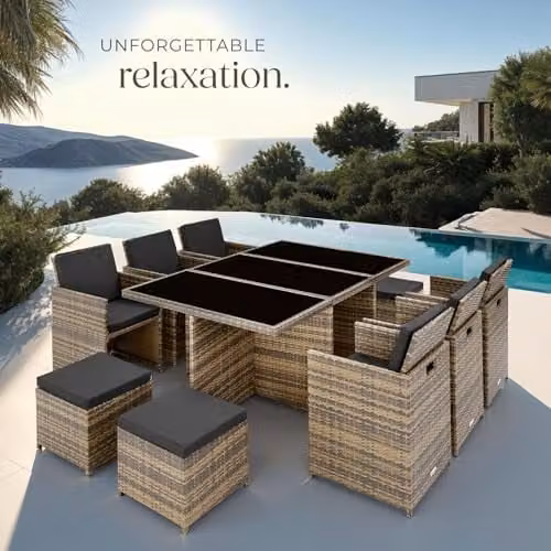 tectake Polyrattan Garden Furniture Set in Natural with Aluminium Base, Including 6 Dining Chairs, 1 Table and 4 Stools for Up to 10 People – 8