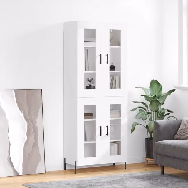 Berkfield Home Modern White Highboard with Glass Doors, W/D/H: 69.5 x 34 x 180 cm