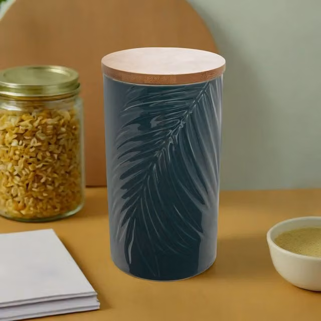 Orsina Large Dark Green Ceramic Storage Jar with Embossed Tropical Leaf Design and Airtight Bamboo Lid – 1