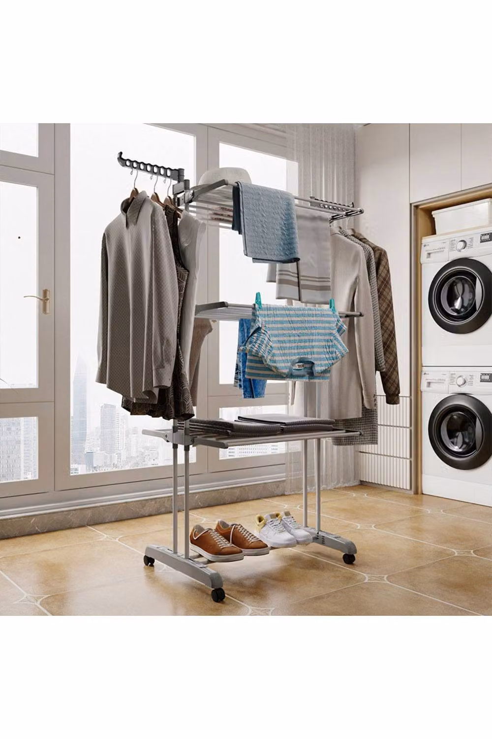 Living and Home 4-Tier Foldable Metal Clothes Drying Rack and Laundry Airer in Grey – 2