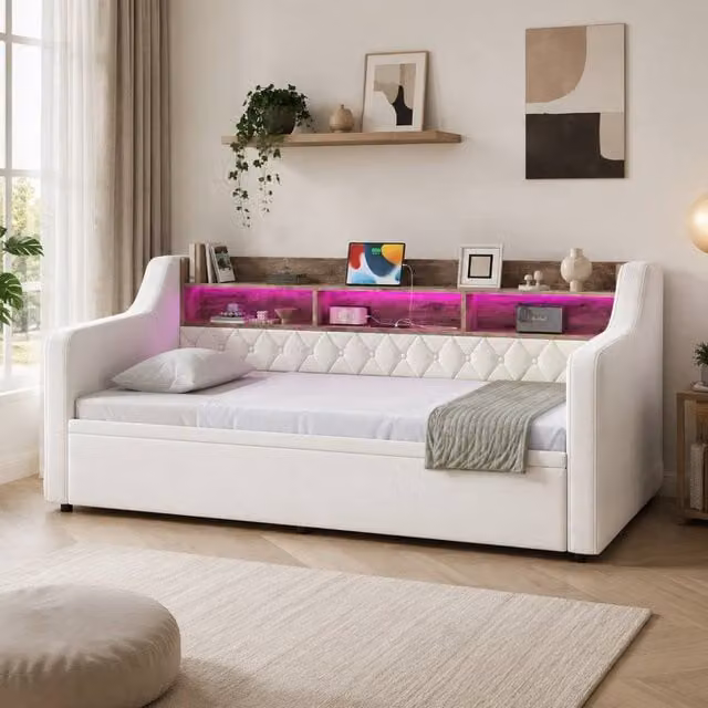 STILVORA Modern Beige Velvet Upholstered Sofa Bed with Storage Headboard, LED Lighting and USB Charging – 1