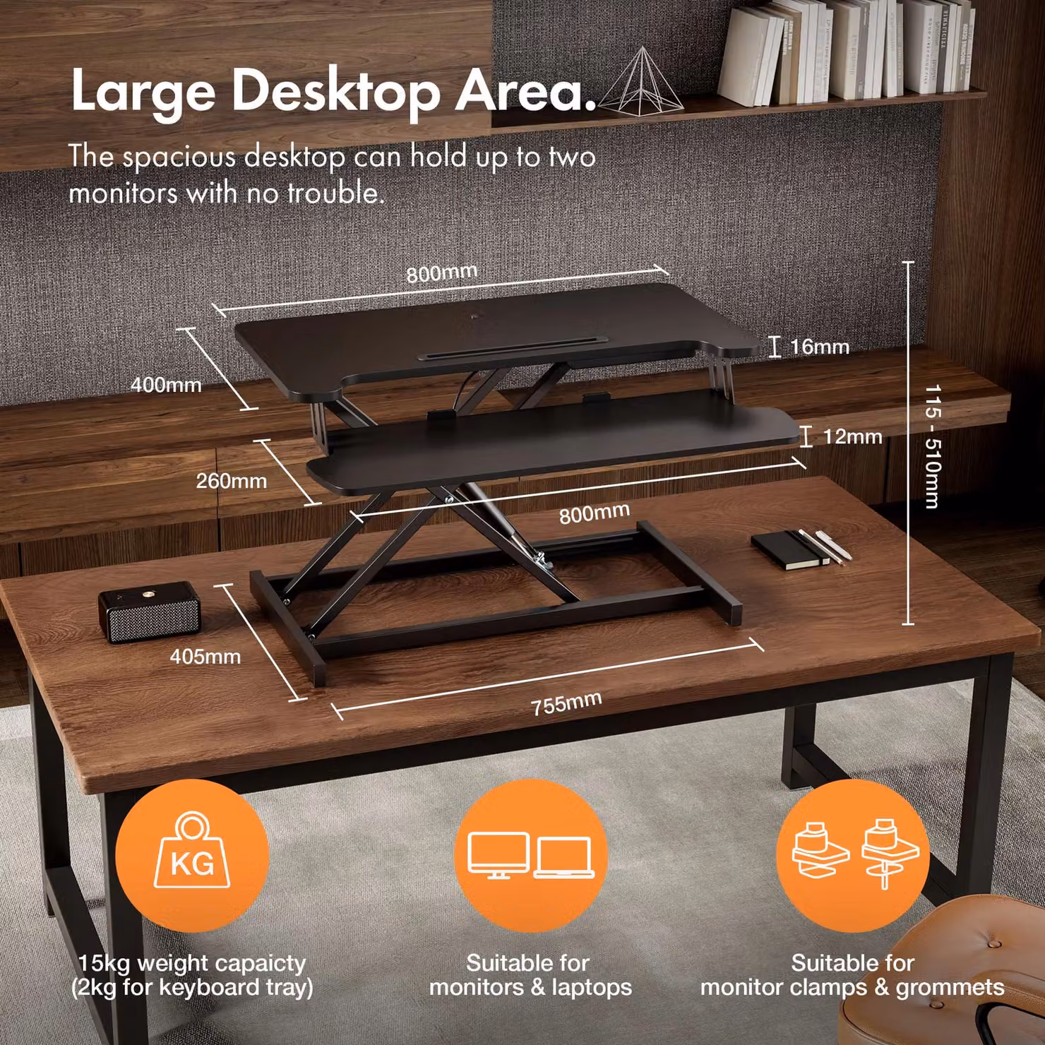 VonHaus Height Adjustable Standing Desk Converter in Black with Keyboard Shelf – 2