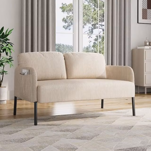 Komore Corduroy Upholstered Sofa Bed with Sleeping Function and Scatter Cushions in Beige and White