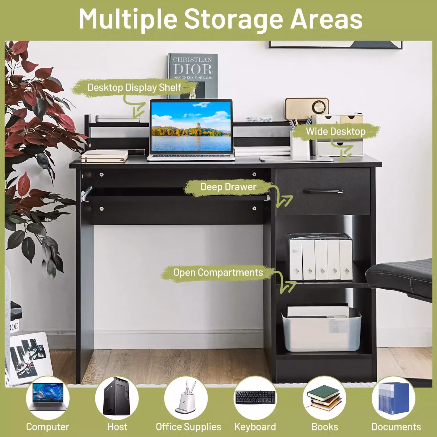 Costway Black Wooden Computer Desk with Keyboard Tray and Writing Workstation – 4
