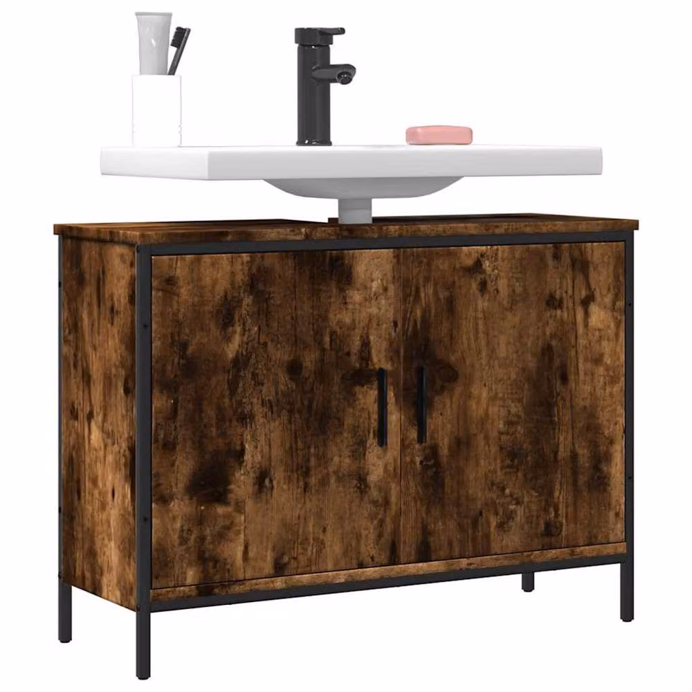 Berkfield Home Smoked Oak Wall Mounted Bathroom Sink Cabinet, Brown, W: 80 cm, D: 30 cm, H: 60 cm – 2