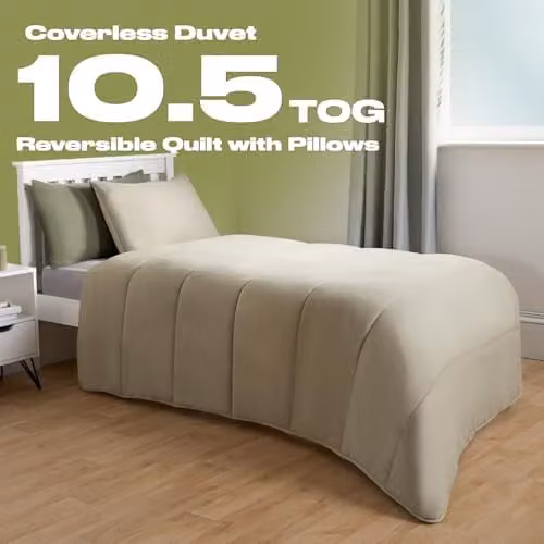 OHS Single Coverless 10.5 TOG Reversible Quilted Duvet and Pillowcase Set, Microfibre, Green and Beige, W/D/H: 135 x 200 cm – 2