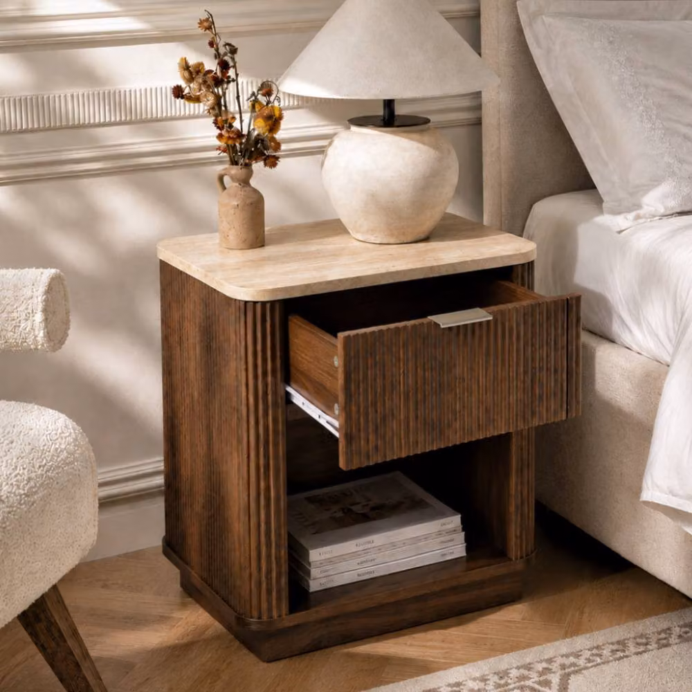 Merax Set of 2 Fluted Bedside Tables with Marble Effect Top Drawer and Open Shelf in Walnut – 2